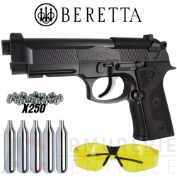 PAQUETE ELITE II CON PISTOLA BERETTA , GAFAS PROTECCION, LASER , 250 BOLAS ACERO, 5 CO2 Y MALETIN TRANSPORTE