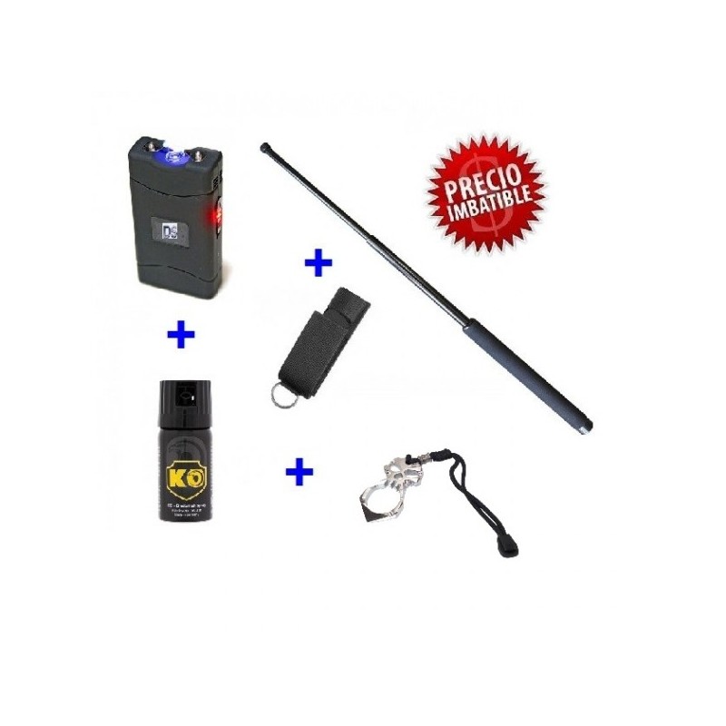 DEFENSA ELECTRICA MOD. 800 + DEFENSA EXTENSIBLE + FUNDA + PUÑO AMERICANO + SPRAY DEFENSA KO 40 ML
