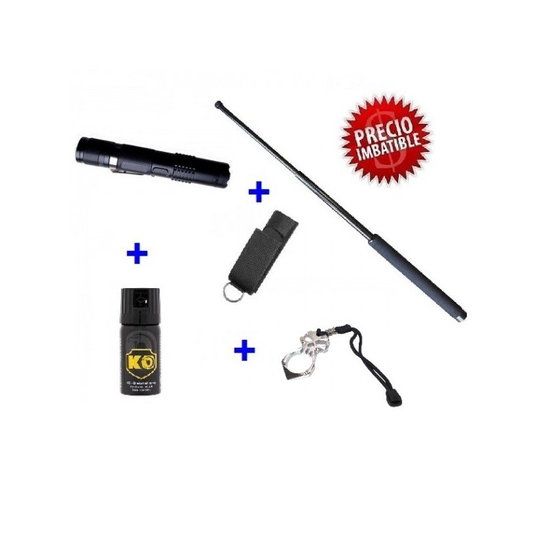 DEFENSA ELECTRICA  LINTERNA TASER M11 + DEFENSA EXTENSIBLE + FUNDA + PUÑO AMERICANO + SPRAY DEFENSA KO 40 ML