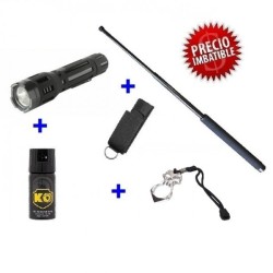 DEFENSA ELECTRICA LINTERNA 2018 CON 3600 KV + DEFENSA EXTENSIBLE 21" + PUÑO AMERICANO ACERO + SPRAY DEFENSA 40 ML