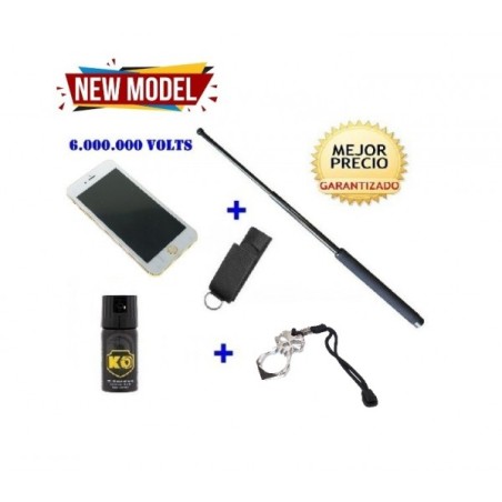 DEFENSA ELECTRICA LINTERNA TELEFONO SMARTPHONE 6000 KV + DEFENSA EXTENSIBLE 21" + PUÑO AMERICANO ACERO + SPRAY DEFENSA 40 ML