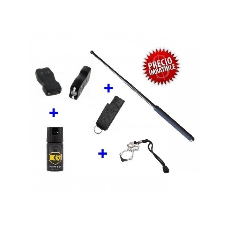 DEFENSA ELECTRICA LINTERNA 102B CON 3000 KV + DEFENSA EXTENSIBLE 21" + PUÑO AMERICANO ACERO + SPRAY DEFENSA 40 ML