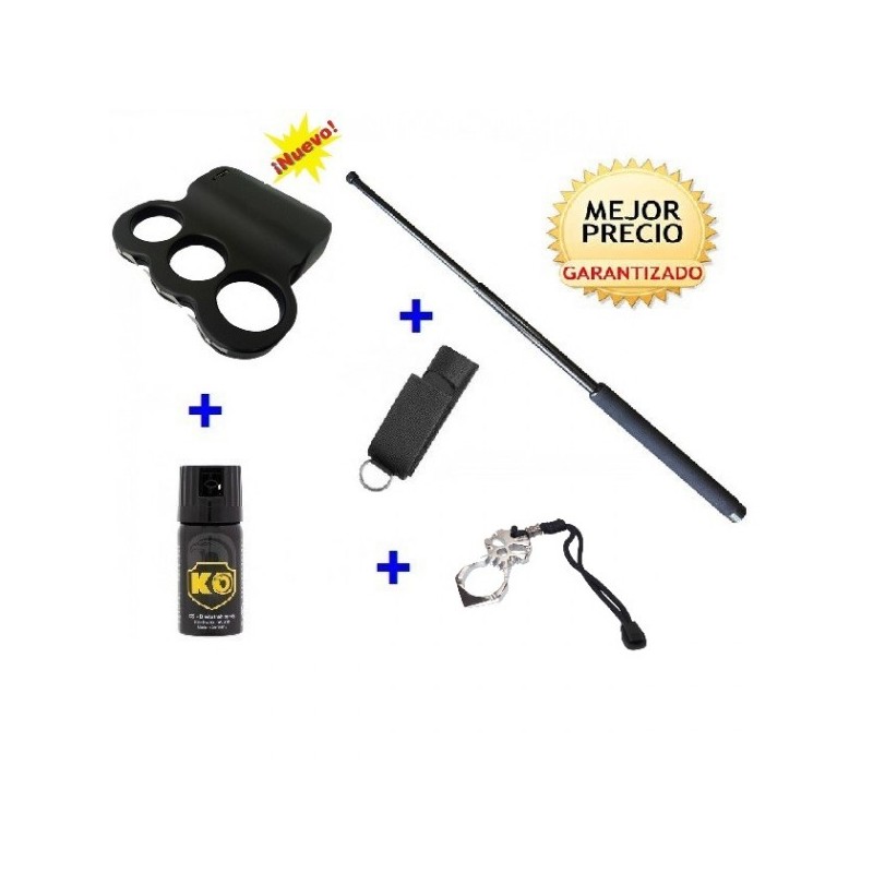 DEFENSAS ELECTRICAS PUÑO AMERICANO DOBLE ARCO, CON  DEFENSA EXTENSIBLE + FUNDA+ SPRAY DEFENSA KO 40 ML