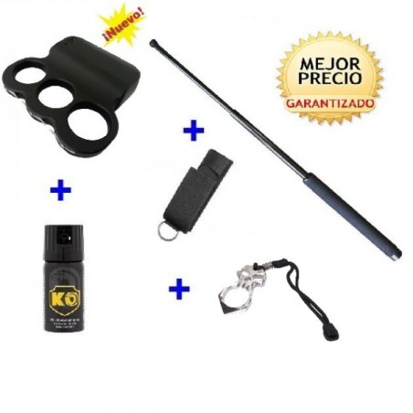 DEFENSAS ELECTRICAS PUÑO AMERICANO DOBLE ARCO, CON  DEFENSA EXTENSIBLE + FUNDA+ SPRAY DEFENSA KO 40 ML
